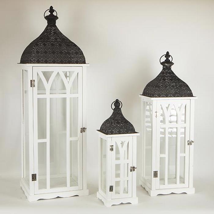 ESTHETI home Set ton 3 Fanari Xulino Lefko me Metalliki Mavri Orofi 31.5x31.5x97cm/24.5x24.5x72cm/17x17x49.5cm 752-10015