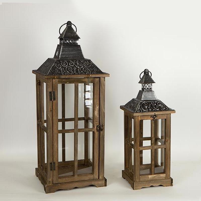 ESTHETI home Σετ των 2 Φανάρι Ξύλινο Σκούρο Καφέ με Μετ