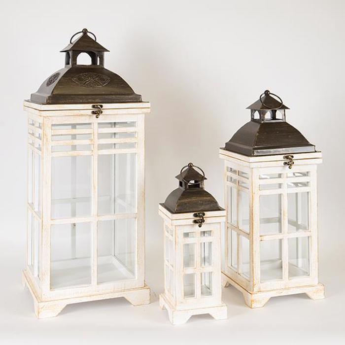 ESTHETI home Set ton 3 Fanari Xulino Lefko me Metalliki Mavri Orofi 14x14x34cm/20x20x52cm/26x26x67cm 752-10022