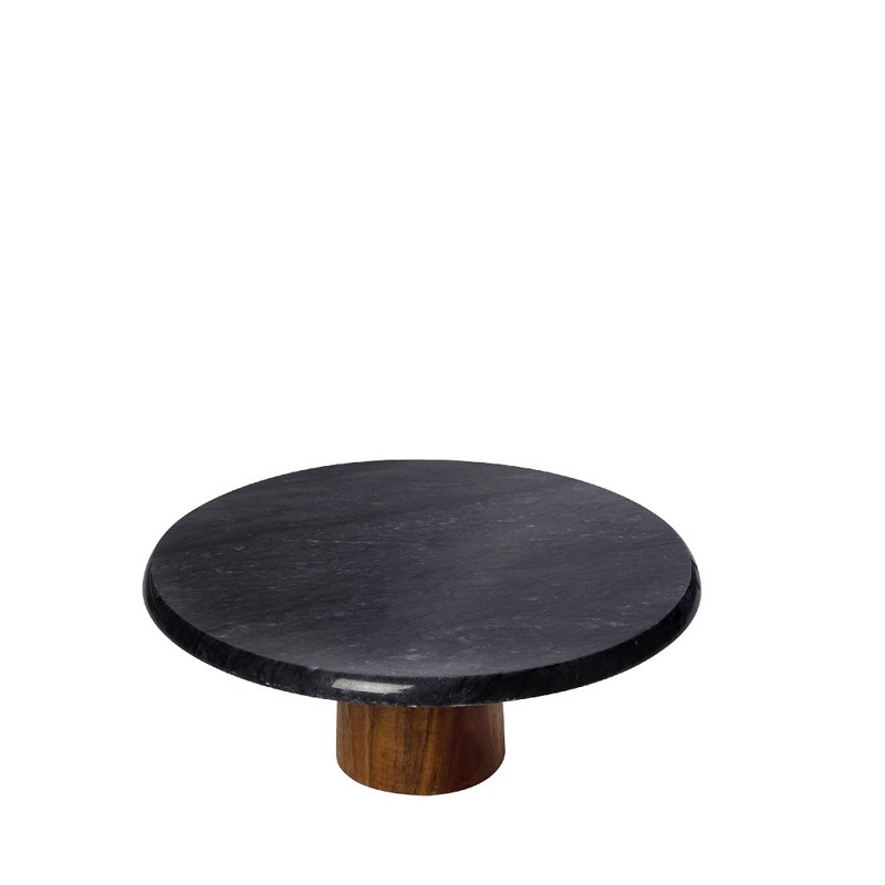 Στρογγυλό Μαύρο Σταντ από Μάρμαρο με Ξύλινο Πόδι Ακακία