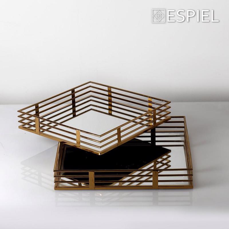 Σετ των 2 Δίσκος Μεταλλικός Χρυσός με Καθρέπτη 40x40x6c