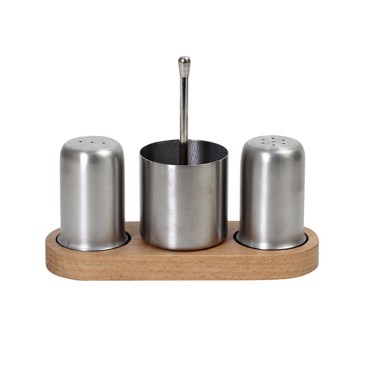 Σετ Αλάτι-Πιπέρι-Οδοντογλυφίδες Ανοξείδωτο 18/10 Ασημί σε Ξύλινη Βάση 19x7x14.5cm SUT113 Espiel