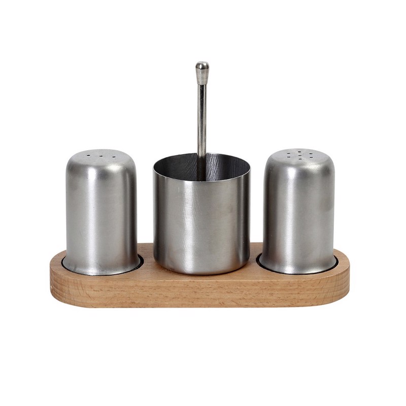 Σετ Αλάτι-Πιπέρι-Οδοντογλυφίδες Ανοξείδωτο 18/10 Ασημί σε Ξύλινη Βάση 19x7x14.5cm SUT113 Espiel