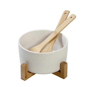 Σαλατιέρα Πορσελάνης Λευκή με 2 Ξύλινες Κουτάλες και Βάση Φ20x10cm TVL101 Espiel