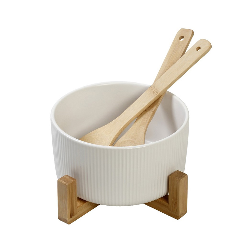 Σαλατιέρα Πορσελάνης Λευκή με 2 Ξύλινες Κουτάλες και Βά