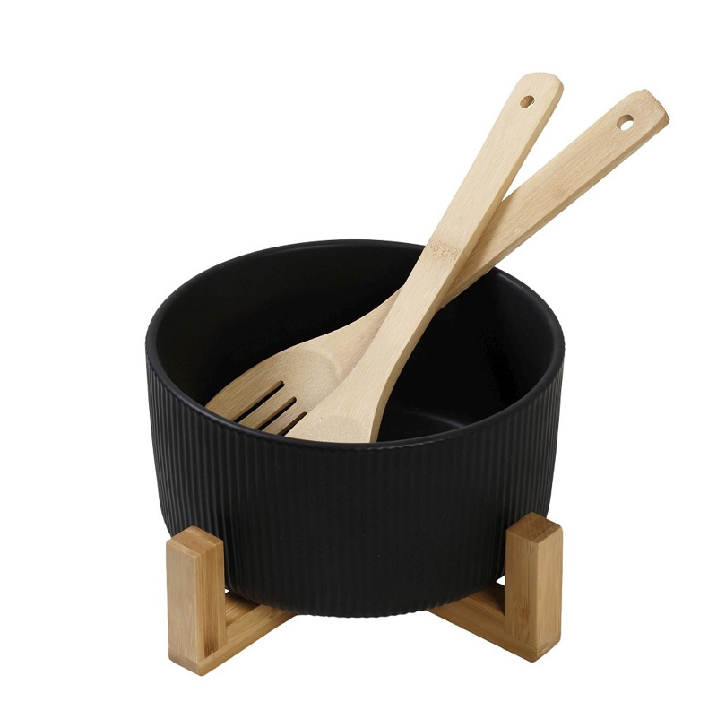 Σαλατιέρα Πορσελάνης Μαύρη με 2 Ξύλινες Κουτάλες και Βά