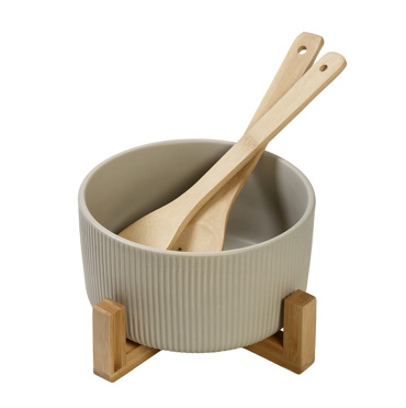 Σαλατιέρα Πορσελάνης Μπεζ με 2 Ξύλινες Κουτάλες και Βάση Φ20x10cm TVL103 Espiel