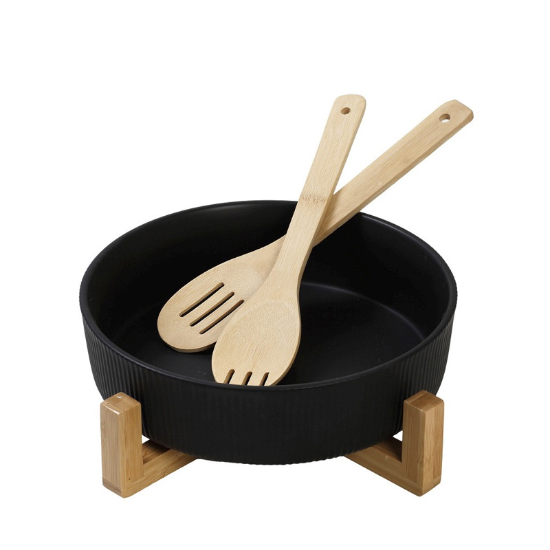 Σαλατιέρα Πορσελάνης Μαύρη με 2 Ξύλινες Κουτάλες και Βά