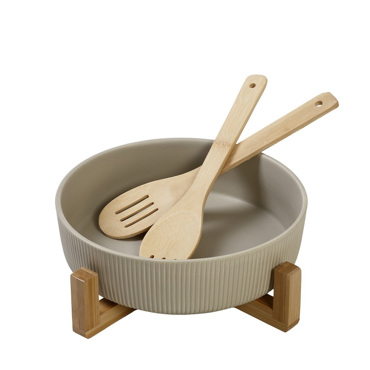 Σαλατιέρα Πορσελάνης Μπεζ με 2 Ξύλινες Κουτάλες και Βάση Φ26.7x9.8cm TVL106 Espiel