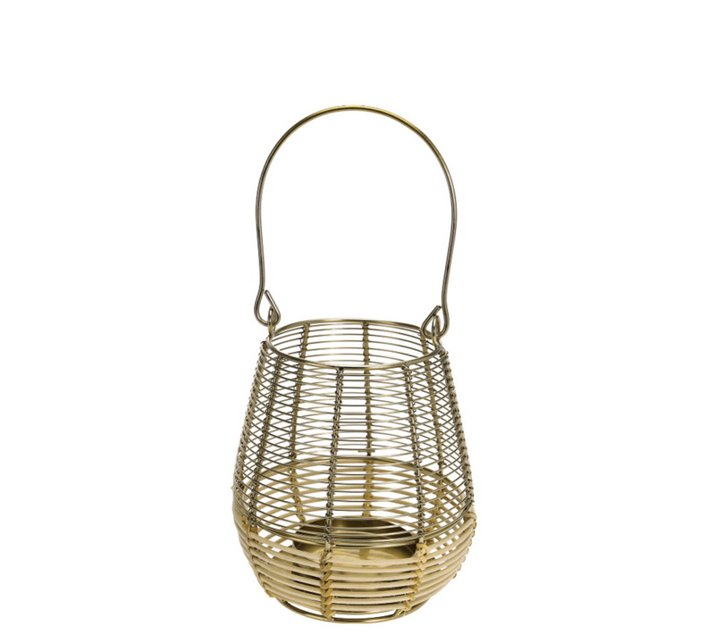 Zaros Φανάρι από Μέταλλο και Rattan σε Χρυσό Χρώμα Φ14x18cm HM988