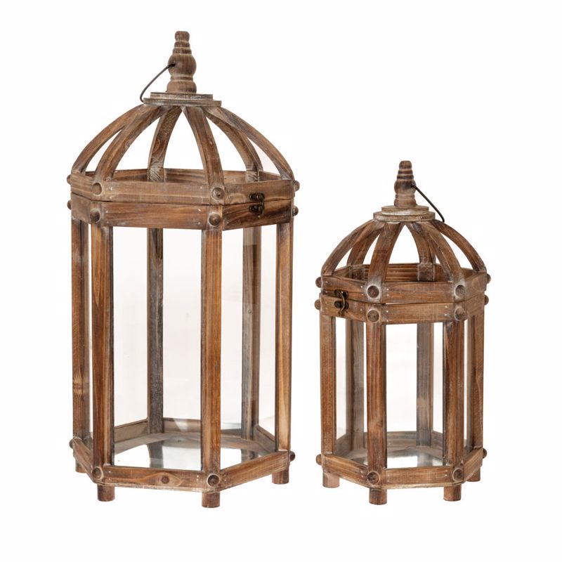 Iliadis Σετ των 2 Φανάρι Εξάγωνο Ξύλινο Καφέ 30x27x59cm