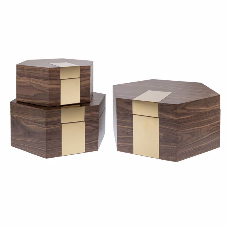 Iliadis - ΣΗΜΑΝΤΙΚΟ: Σε περίπτωση διαφοράς τιμής από το κατάστημα ισχύει παντα και μόνο η τιμή του καταστήματος Iliadis Σετ των 3 Ξύλινο Καφέ Κουτί Εξάγωνο με Χρυσή Λε