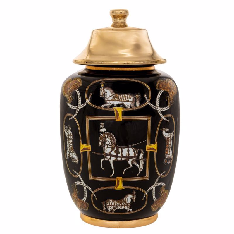 Iliadis Βάζο Κεραμικό Μαύρο με Σχέδια και Χρυσό Καπάκι 