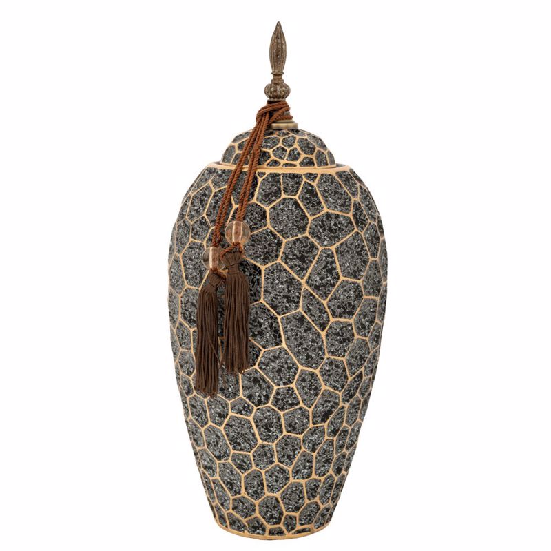 Iliadis Βάζο Κεραμικό Γκρι με Καπάκι και Χρυσές Ανάγλυφ