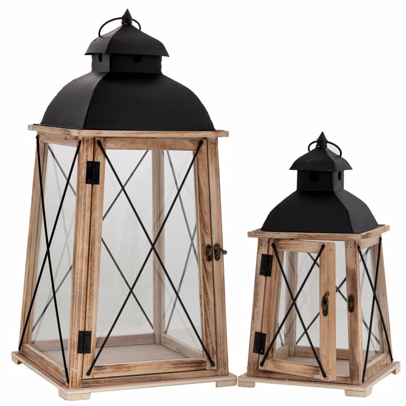Iliadis Σετ των 2 Φανάρι Ξύλινο Ανοιχτό Καφέ με Μαύρη Μ