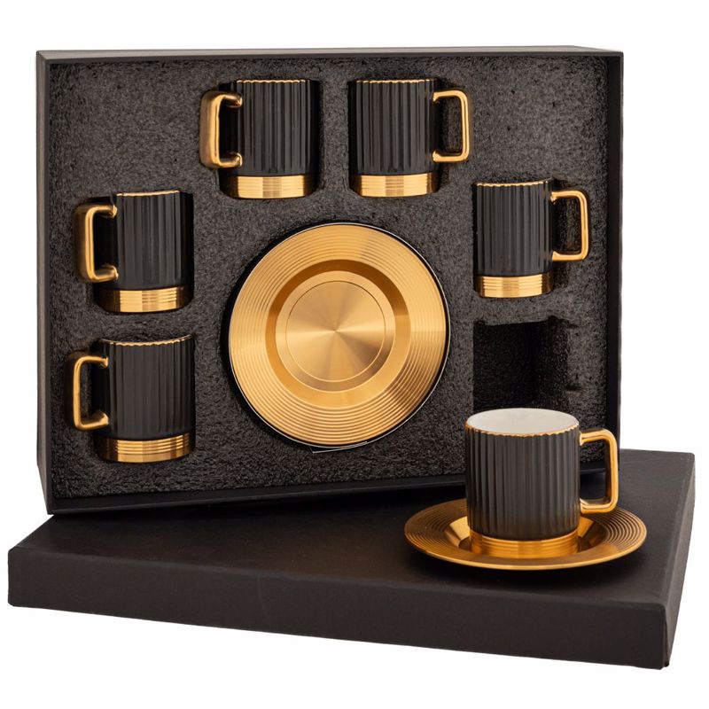 Iliadis Σετ των 6 Φλιτζάνι με Πιατάκι Μαύρο/Χρυσό Κεραμ