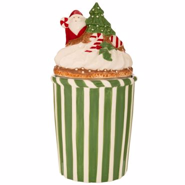 Iliadis Πράσινη Ριγέ Στρογγυλή Κεραμική Μπισκοτιέρα με Άγιο Βασίλη Φ14x28cm 90943