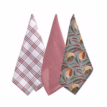 Click Σετ των 3 Πετσέτα Κουζίνας Βαμβακερή Γκρι/Κοκκινη/Λευκή με Σχέδια 40Χ60 6-40-807-0070