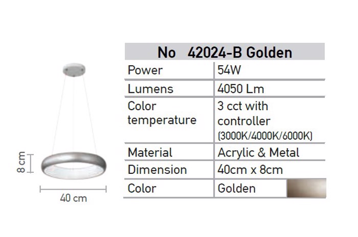 INLIGHT FOTISTIKO OROFIS LED ME CONTROLLER RuThMISIS ENTASIS/ThERMOKRASIAS 4050Lm F40cm 42024-B-GOLDEN