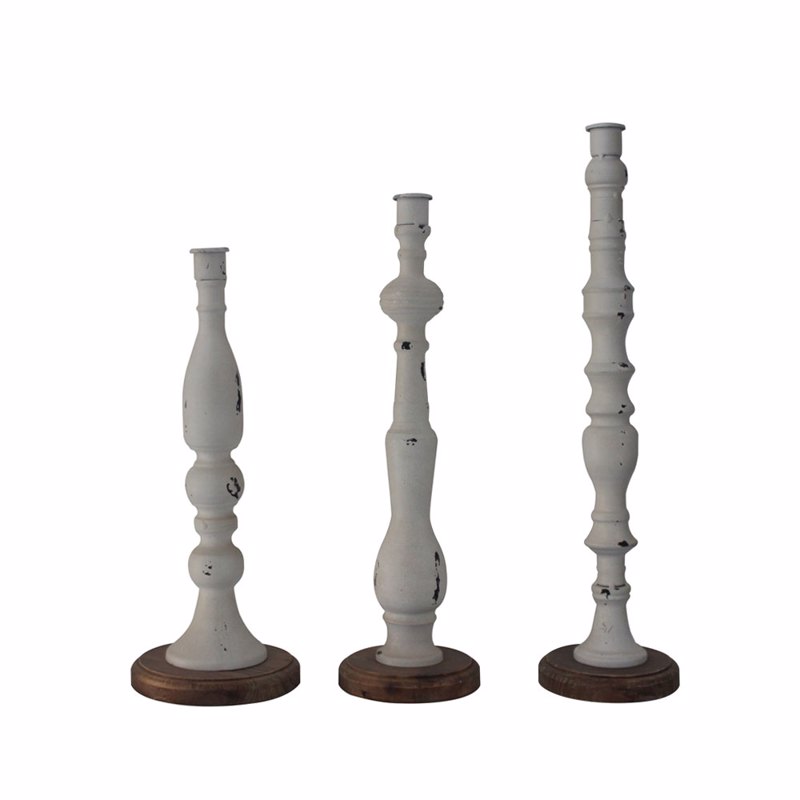 Liberta-Maison La Poupee Κηροπήγιο Set 3τμχ 11x11x45cm Μέταλλο Λευκό Φυσικό Ξύλο 024042
