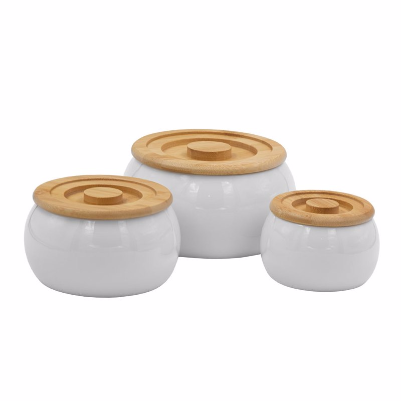 Liberta-Maison CURVE Δοχείο Αποθήκευσης Με Καπάκι Set 3ΤΜΧ 16x16x23cm Πορσελάνη Λευκό Φυσικό Bamboo 030005