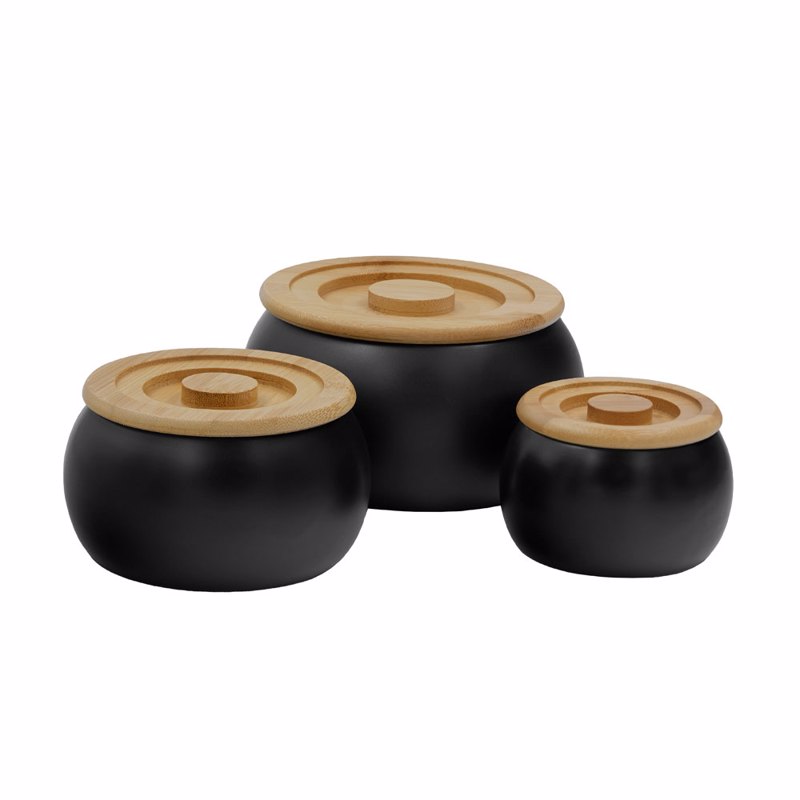Liberta-Maison Curve Δοχειο Αποθήκευσης Με Καπάκι Set 3τμχ 16x16x23cm Πορσελάνη Μαύρο Φυσικό Bamboo 030026