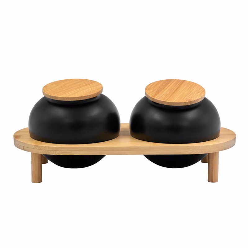 Liberta-Maison Curve Δοχειο Αποθήκευσης Με Καπάκι Set 2τμχ 33x16x13cm Πορσελάνη Μαύρο Φυσικό Bamboo 030027