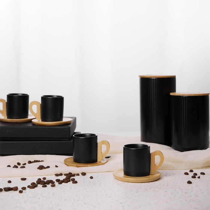 Liberta-Maison Nordic Koupa Espresso Set 6tmx 29x21x7cm Porselani Mavro Fusiko Bamboo 030033