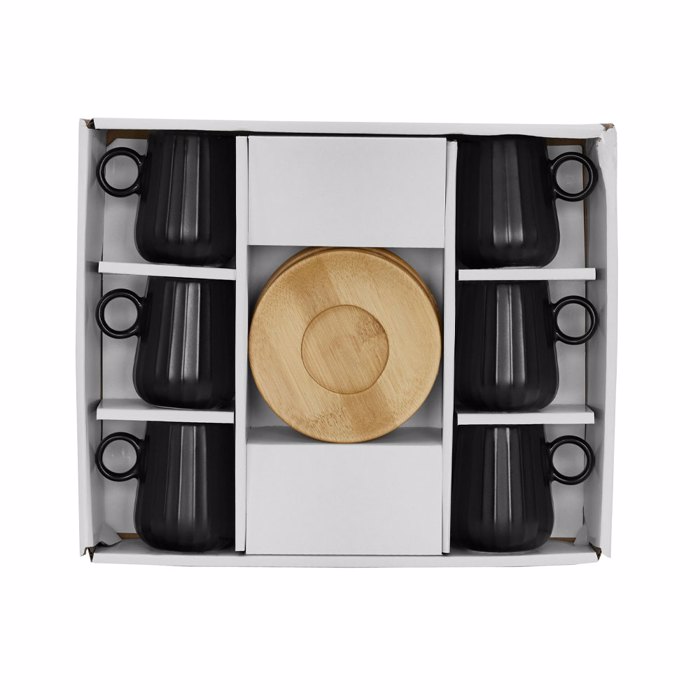 Liberta-Maison Ripple Koupa Espresso Set 6TMX 26x23x6cm Porselani Mavro Fusiko Bamboo 030034