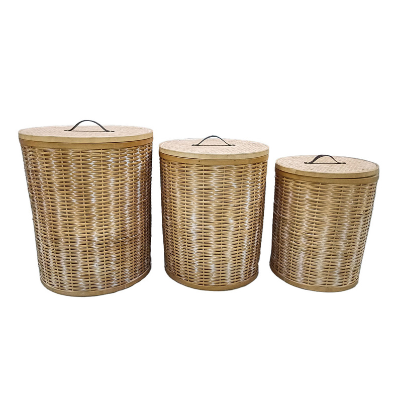 Liberta-Maison Ithaki Καλάθι με Καπάκι Set 3τμχ 51x51x61cm Ξύλο Ελατου White Washed Φυσικό Δέρμα 032036