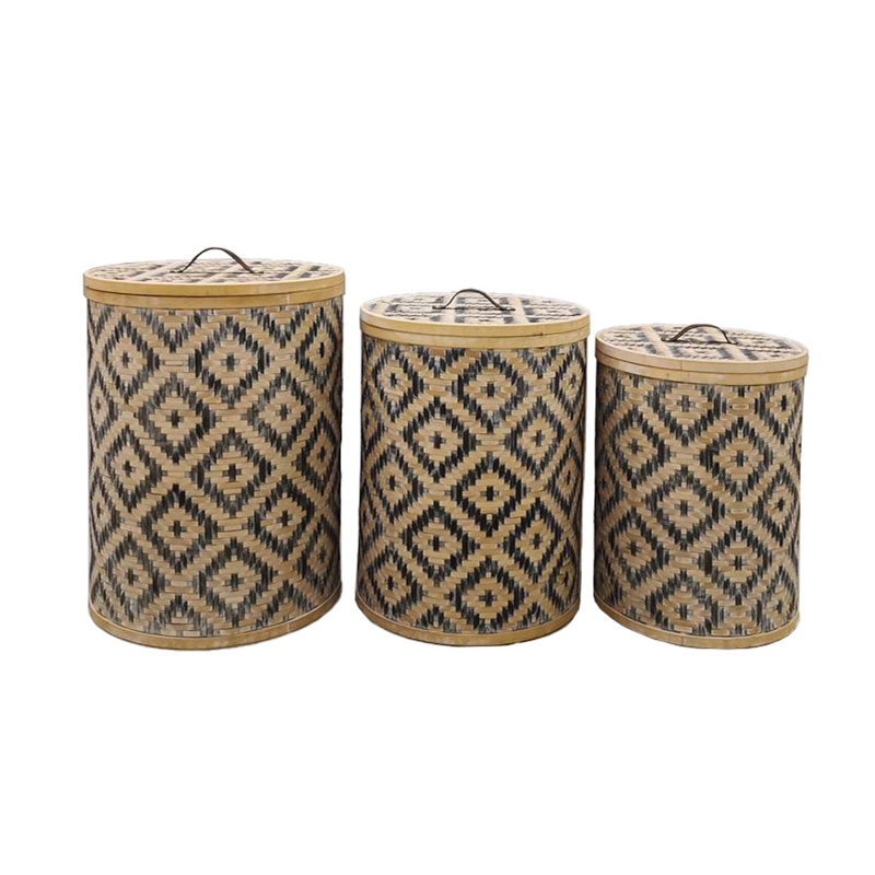 Liberta-Maison Nubia Καλάθι με Καπάκι Set 3τμχ 47x47x62cm Bamboo Φυσικό Μαύρο Δέρμα 032045