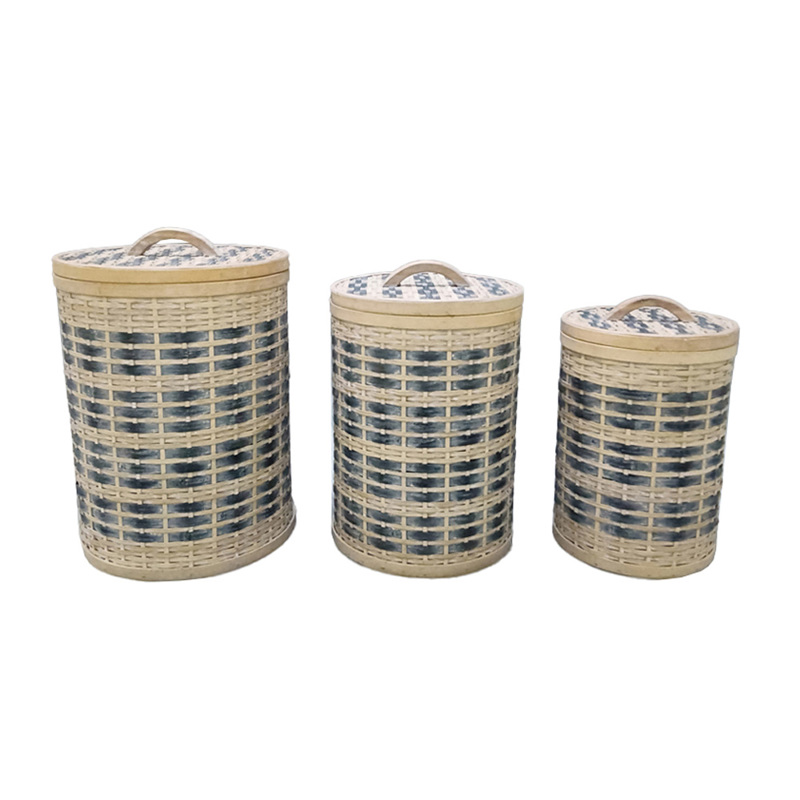 Liberta-Maison Telendos Καλάθι με Καπάκι Set 3Τμχ 36x36x52cm Ξύλο Ελάτου White Washed Μπλε Ύφασμα 032049