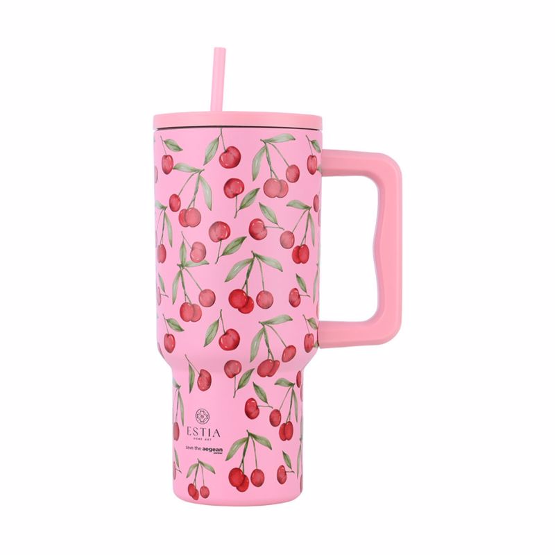 Estia Θερμός Straw Tumbler XL SAVE THE AEGEAN 900ml CHERRY ROSE 14.5x10x22.5cm 01-32081