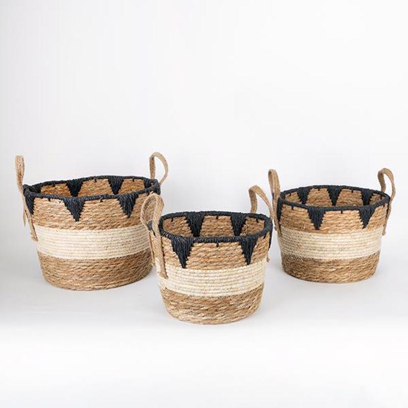 ESTHETI home Σετ των 3 Καλάθι Ψάθινο Καφέ/Μαύρο 27x20x2