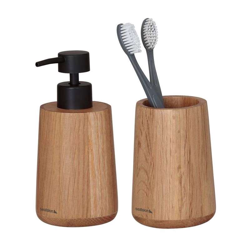 Sealskin Earth oak set δοχείο κρεμοσάπουνου 150 ml & ποτήρι οδοντόβουρτσας