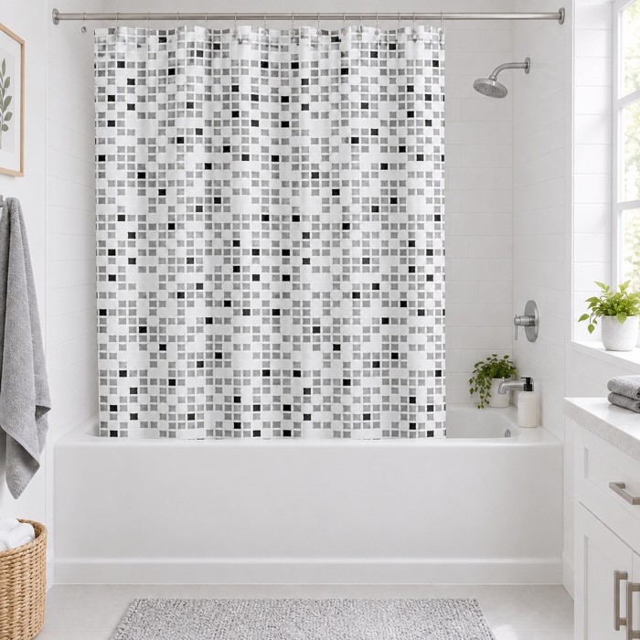Kourtina Baniou 180x180cm ufasmatini me Monterno Sxedio Ggri/Mavro MRShome