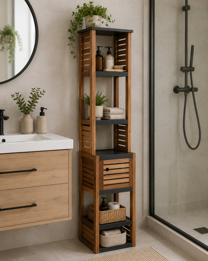 MRShome Epiplo MDF/Akakia me 1 Ntoulapaki kai 5 Rafia Apothikefsis Ggri/Kafe 38.5x30x170cm MRShome