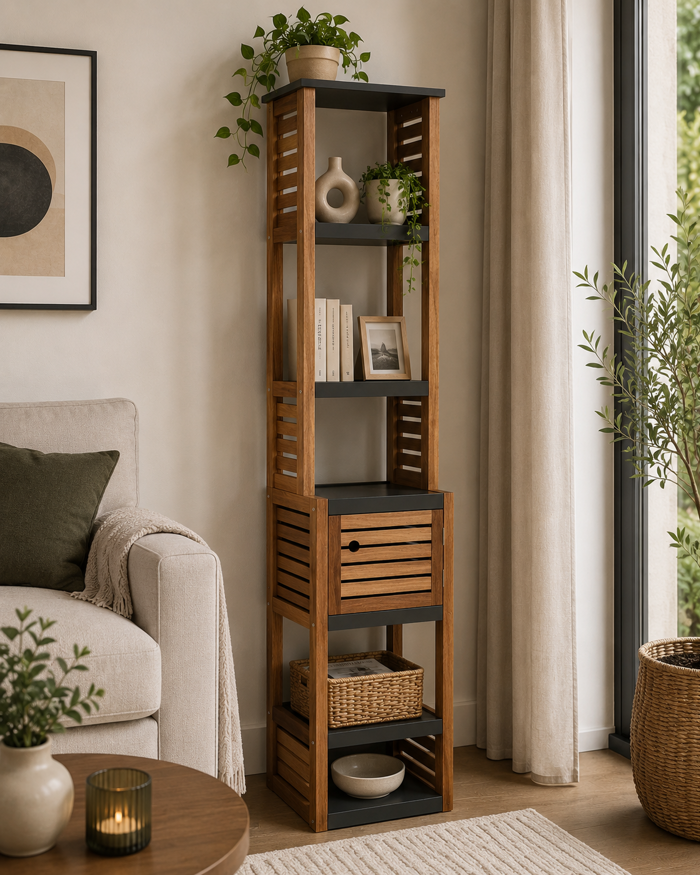 MRShome Epiplo MDF/Akakia me 1 Ntoulapaki kai 5 Rafia Apothikefsis Ggri/Kafe 38.5x30x170cm MRShome