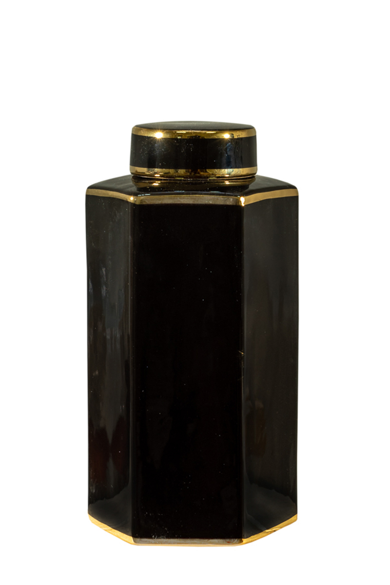 Zen Collection Βάζο Πορσελάνης με Καπάκι Πολυγωνικό Μαύρο με Χρυσές Γραμμές 13x15x28.5cm 47020